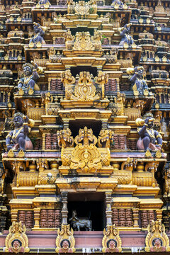 A section of the gopuram at Nullar Kandaswamy Devasthanam at Jaffna in Sri Lanka. Founded in 948 CE this temple is dedicated to Lord Murugan.