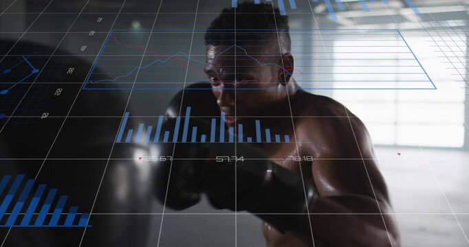 Boxer reacting to sports data overlay, stepping in, throwing combos while tracking performance