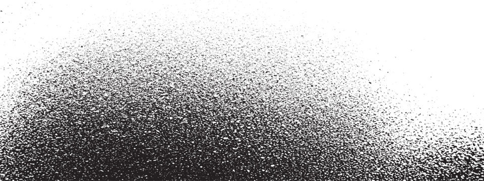 Black granular spray paint texture spreading across white background, abstract distressed graphic element with particle effect, brush stroke