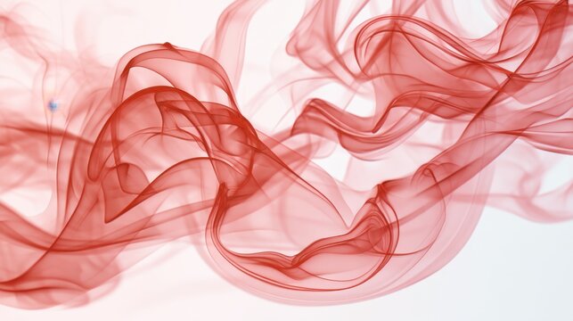 Red smoke trails swirling against a plain white background. Abstract flowing pattern of gaseous vapor. Dynamic movement and fluid ethereal curves for artistic design and soft texture.