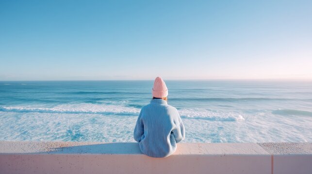 Woman wearing beanie and sweater sitting on ledge watching ocean waves. Solitude and peaceful contemplation by the sea. Calm coastal scenery, relaxation, vacation, and nature connection.