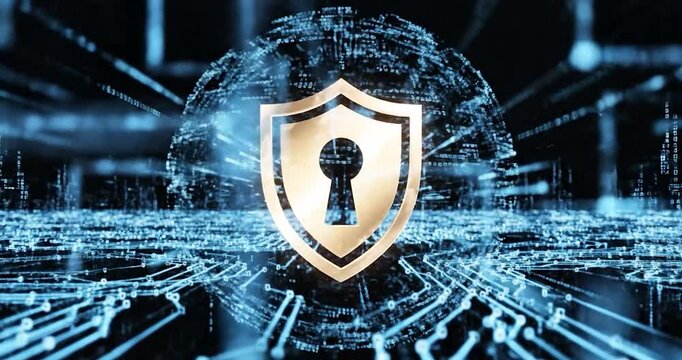 Secure glowing shield protecting digital data on abstract circuit background