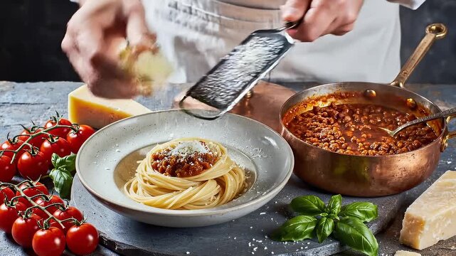 Chef Garnishing Spaghetti Bolognese With Grated Parmesan Cheese and Fresh Basil, Drizzling Olive Oil