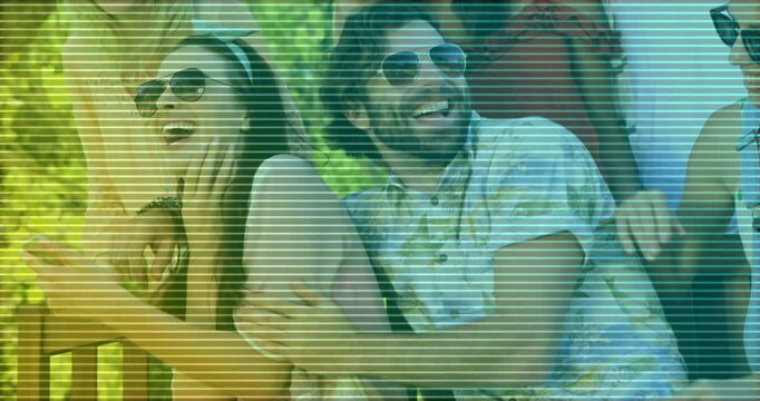 Seated duo laughing on bench, friends reaching in causing camera zooming, scanline boosting ads