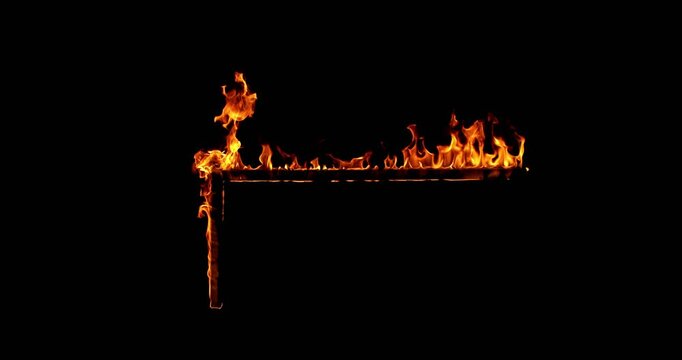 Shot of a burning wooden beam in L shape isolated on a black background. Detailed fire textures ideal for VFX, compositing, overlays, motion graphics, and cinematic effects.