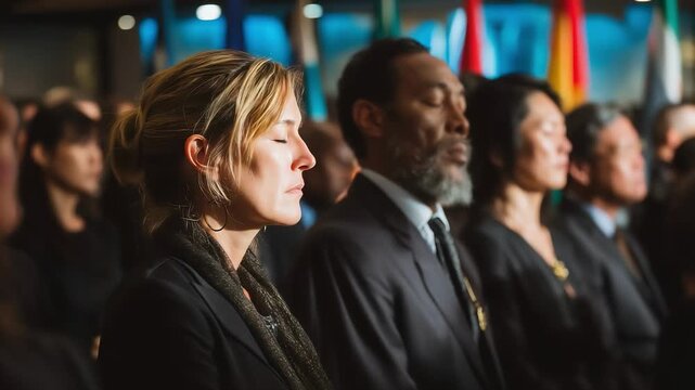 A row of professionals in formal attire sits at a conference; foreground woman with light hair gazes forward, others blurred in the background with subtle lighting
