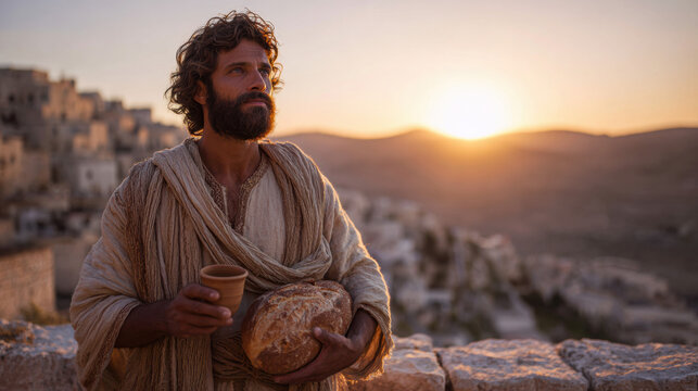 First-century judean man holding bread loaf at sunrise on a limestone terrace, biblical meal and faith concept
