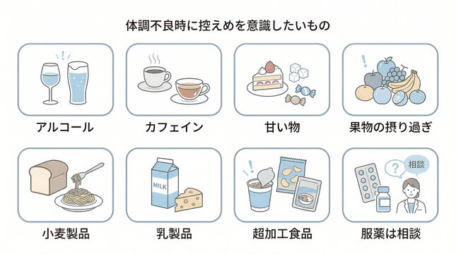体調不良時に控えめを意識したいものの医療インフォグラフィック