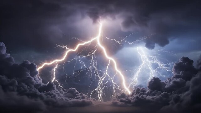Dramatic storm clouds illuminated by brilliant lightning strikes, casting a vibrant glow