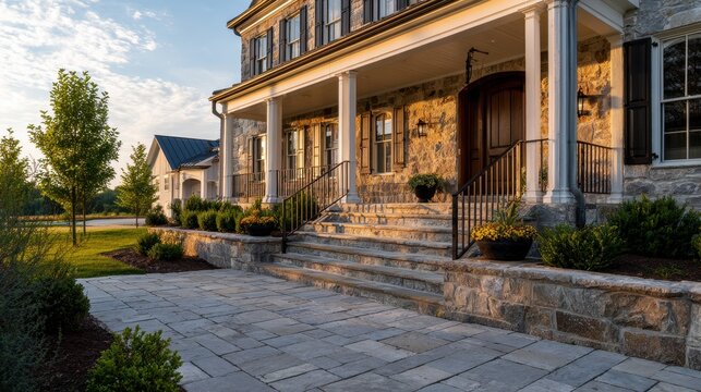 Elegant exterior of a traditional residence featuring flagstone porch, stone stairs, and wide paver path