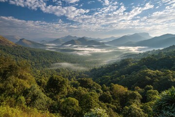 Fototapeta premium Emerald slopes and soft mist in the Western Ghats at dusk