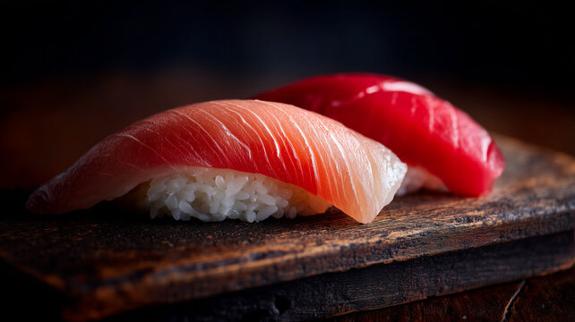 Two pieces of high-end nigiri sushi on a rustic wooden board, featuring fresh yellowtail and red tuna with a shallow depth of field.