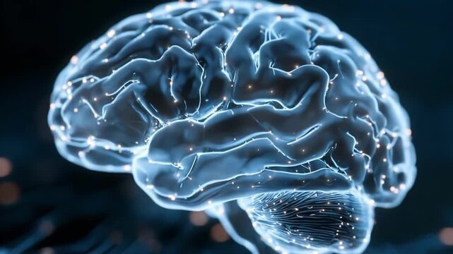 Close-up of a futuristic blue digital brain made of glowing lines and nodes; neon circuitry suggests AI, neuroscience, and advanced data visualization