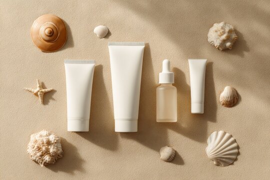 Flat lay of summer travel-size skincare tubes and cream bottles with blank labels on a beige sand background