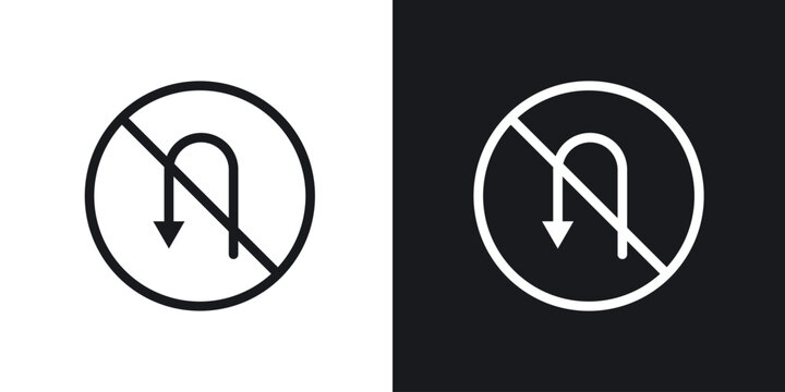 No u turn road sign set in black and white stroke lines