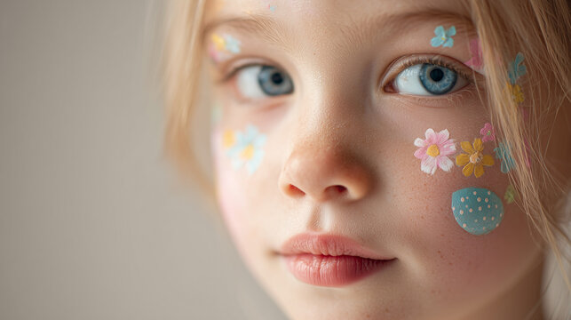 Blonde girl with colorful easter flower and egg face paint on cheeks, festive spring holiday celebration portrait