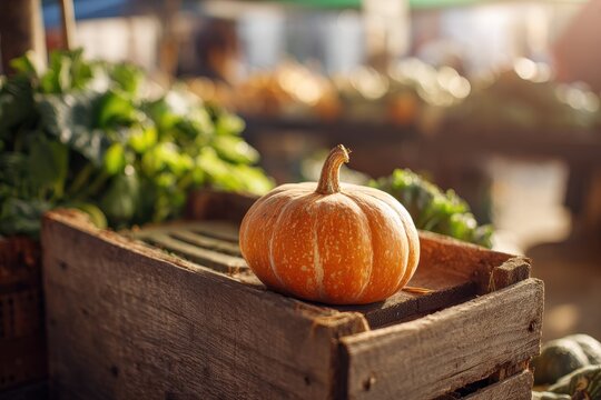 Fresh autumn produce: bright orange squash in a rustic market stall