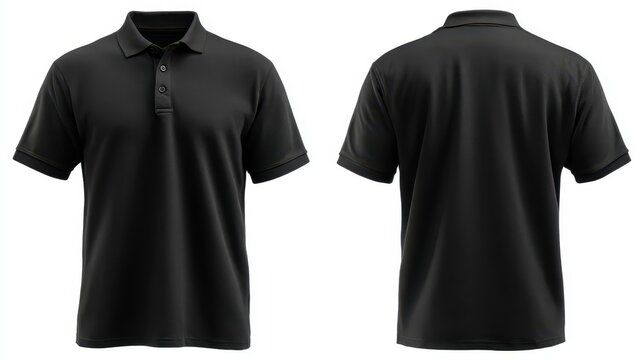 Front and back views of a classic black polo shirt for product merchandising