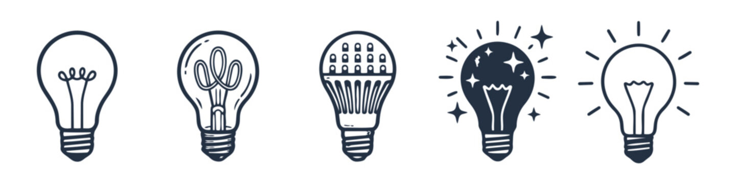 Distinct light bulb and filament set in outline style. Light Bulb, Filament and Bulb Base Monochrome Icon Set. High quality stock illustration with clear subject focus, cohesive composition.