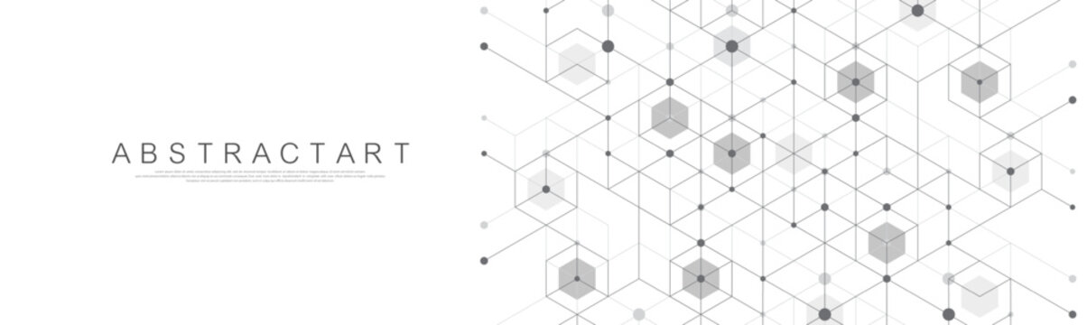 Modern health care or medical background design. Health care innovation concept. Horizontal header web banner. Abstract geometric background with hexagon shapes for medicine, science, chemistry.