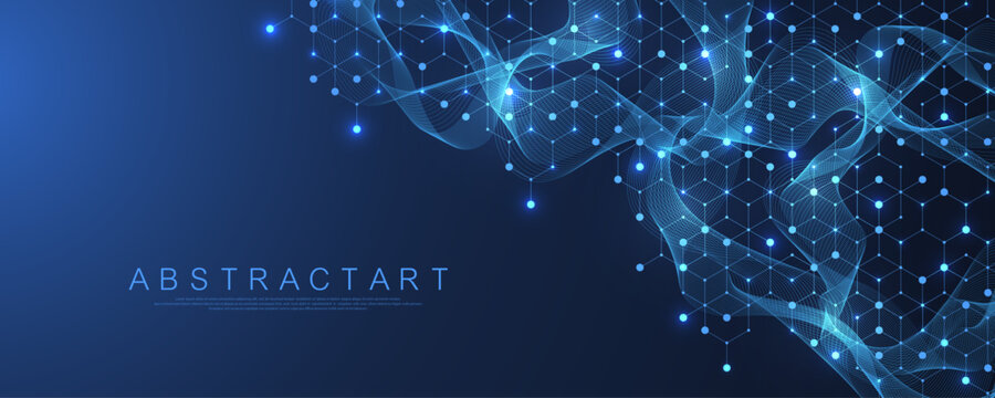 Molecular abstract structure and genetic engineering DNA. Healthcare and medicine background concept. Scientific research background. Wave flow. Innovation pattern. Vector illustration.