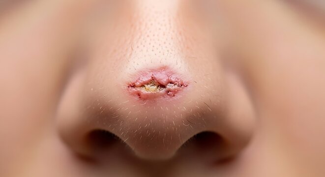 Close-up of a person's nose showing a visible, inflamed, and scabbed lesion or cold sore on the philtrum area.