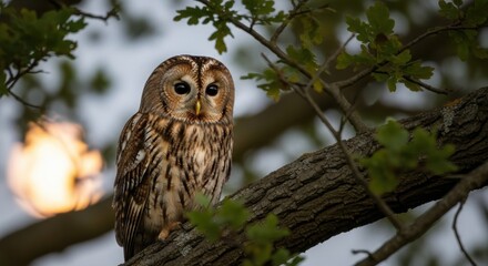 Obraz premium A Tawny Owl Perched on a Tree Branch in a Forest Habitat Observing Its Surroundings