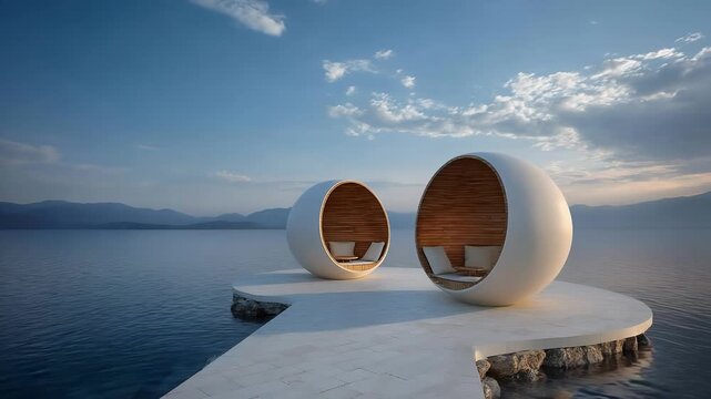 Two circular pod seats with wood interiors sit on a white stone platform above calm sea; sunset glow, modern design, luxurious coastal retreat with mountain backdrop