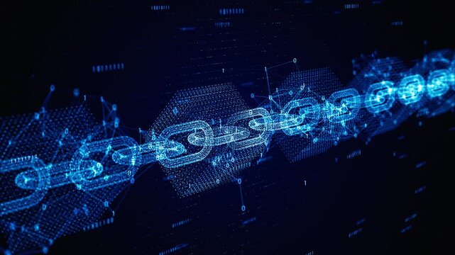 Futuristic Digital Blockchain, Network Technology with Data Flow and Cyber Security Concept. Animation 4K. 3D Rendering