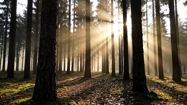 towering trees, golden sunlight, mossy floor, and leaves‑covered ground captured from a forestfloor perspective