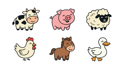 Collection of cute cartoon farm animals including cow, pig, sheep, chicken, horse, and duck