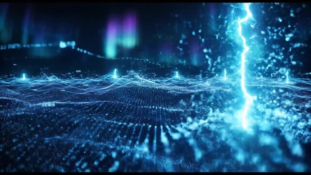 Abstract digital wave landscape with lightning strikes and aurora lights in futuristic data visualization
