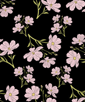 Seamless floral pattern featuring vibrant pink cosmos flowers and green leaves on a soft black background.
