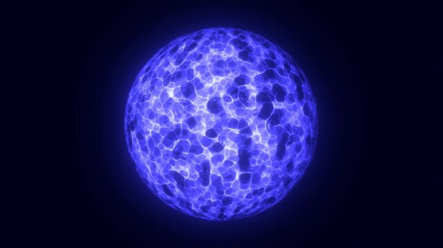 Blue glowing plasma orb with fluid electric surface and soft halo on a dark background, abstract science and energy theme