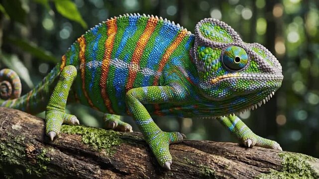 Macro shot of a chameleon shifting vibrant colors across its body, highlighting the beauty of nature and the science behind reptile camouflage.