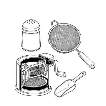 An illustration of a ssa spice grinder with a pan and salt shaker