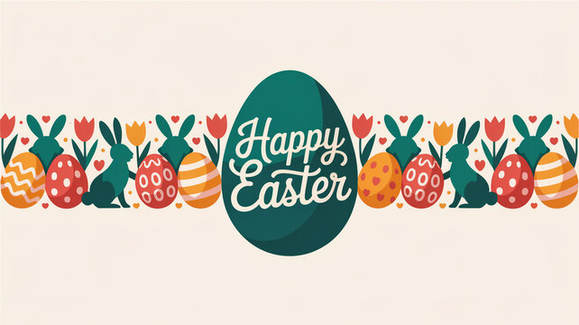 A colorful easter graphic with eggs and bunnies