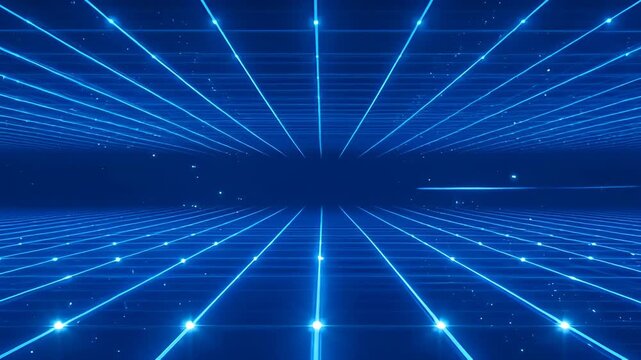 Neon blue grid landscape tunnel with glowing horizon and perspective lines conveying futuristic digital space motion technology featuring neon grid floor ceiling blue light perspective lines glowing