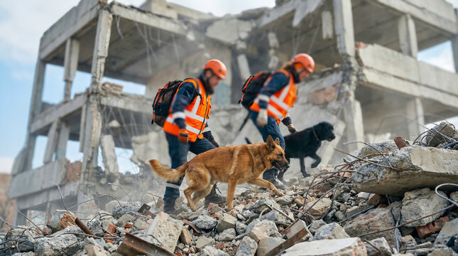 Rescue workers in orange vests with search dogs navigate rubble of a collapsed building after an earthquake, assessing the damage in a disaster response operation
