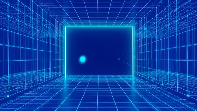 Neon grid tunnel portal rectangular perspective futuristic digital blue glowing neon grid tunnel with glowing rectangular portal and perspective lines creating futuristic digital space glowing neon