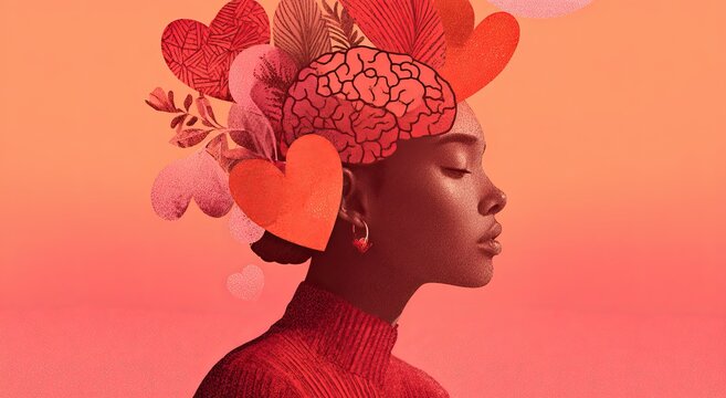  A woman's head with brain and heart inside profile