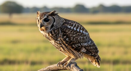 Fototapeta premium A Striking Striped Owl Perched on a Branch in a Grassy Field with a Sharp, Focused Stare