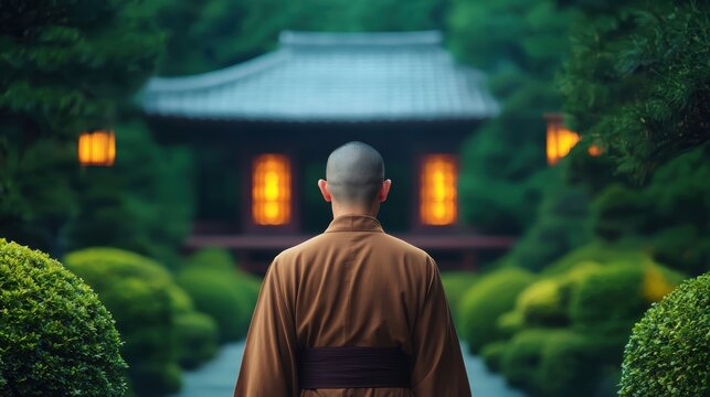Zen Elderly monk walking through a quiet temple garden, embodying wisdom and inner peace.