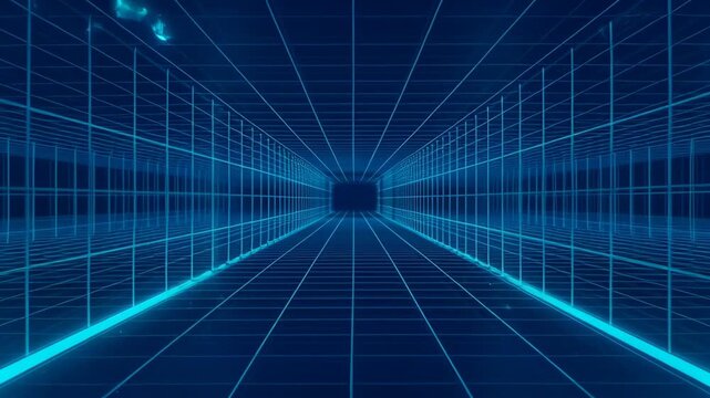 Neon blue grid corridor with glowing perspective lines and digital tunnel depth, neon portal corridor glowing blue with floating particles and futuristic light frame, neon corridor with glowing cyan