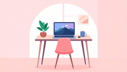 Fototapeta premium Flat vector illustration of modern home office workspace with desk