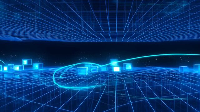 Glowing blue digital grid landscape with floating translucent cubes and neon light trails conveying futuristic technology and motion, neon blue digital grid landscape with glowing data cubes