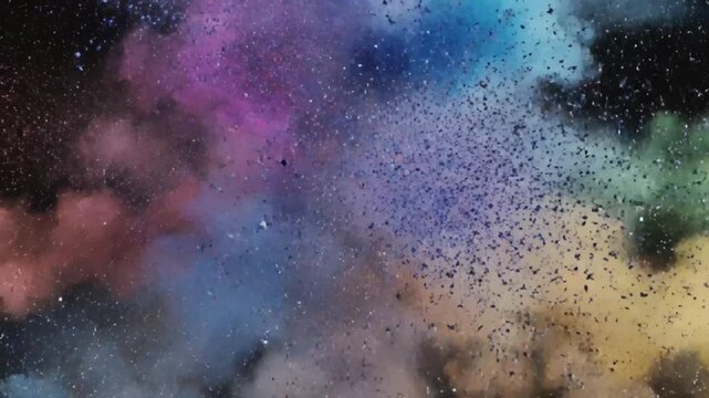 A futuristic 3D animation of a colorful explosion with glowing particles dispersing into a smooth cloud, ideal for tech visuals and modern digital projects.