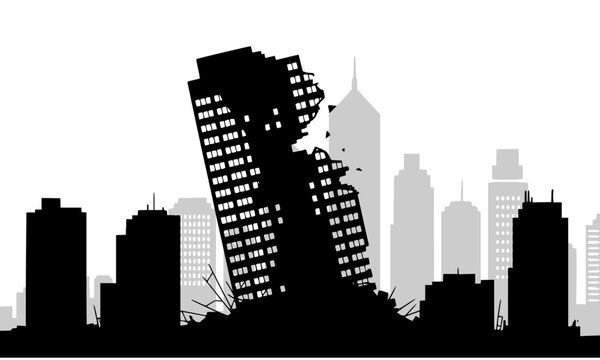 Dramatic silhouette of a skyscraper collapsing during an earthquake disaster in a dense urban city skyline, depicting catastrophic building failure, structural collapse, and metropolitan devastation