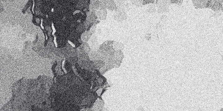Abstract grayscale organic cloud-like formations with a grainy texture and dark smudged edges against a speckled white background, suitable for artistic backgrounds and design elements