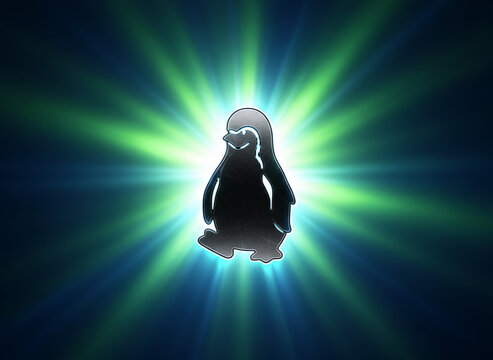 Black Metallic Silhouette Of Tux The Penguin Mascot Against Dramatic Blue And Green Digital Light Burst Background, Ideal For Technology